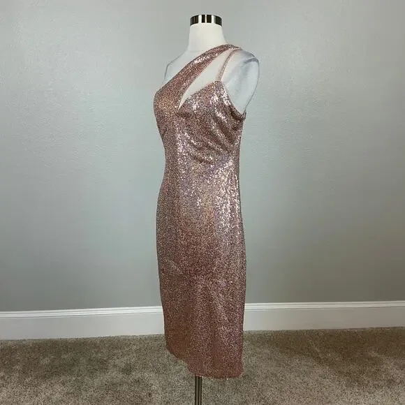 AQUA Women's Cocktail Dress Size 6 Gold Sequin One Shoulder Cut Out Midi Sheath